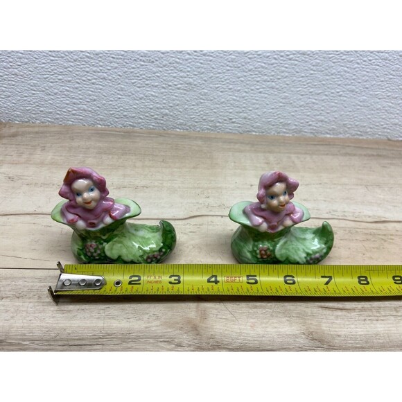 Vtg Unbranded Pink Elf In Green Boot Porcelain Figurine Set Of 2 Made In Japan - Picture 8 of 9